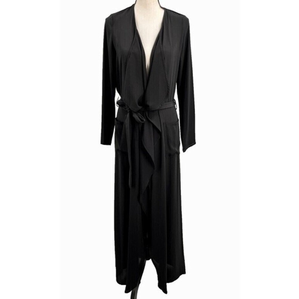 Akira Waterfall Belted Long Robe Black Size S Pockets Semi-Sheer Lightweight